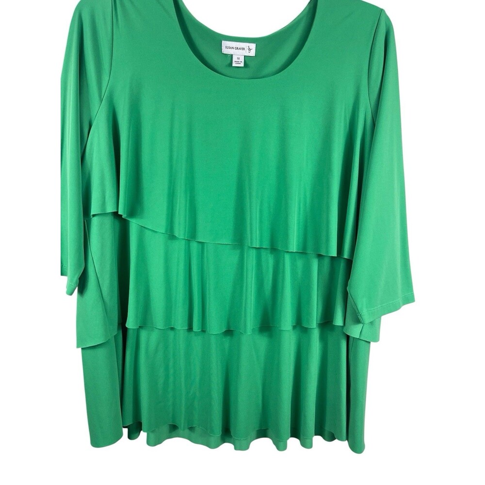 Susan Graver 1X Liquid Knit Tiered Ruffle Top Green Plus Size 3/4 Sleeve Stretch - Picture 3 of 12